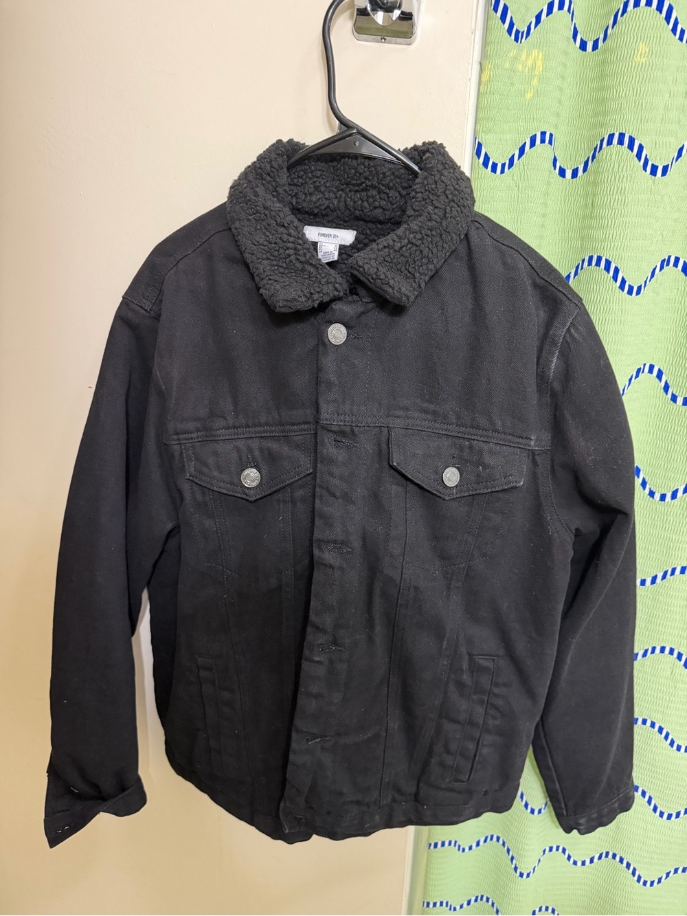 Forever 21 Black Sherpa Collar Jean Jacket